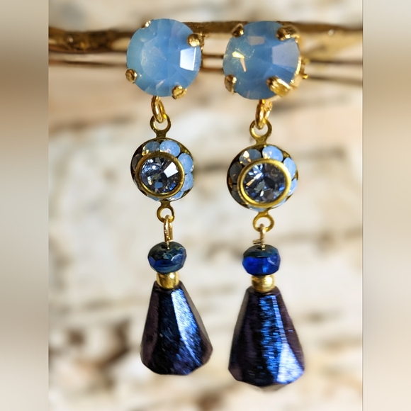 Blue Metallic AB Flower Crystal & Fire Polished Blue Czech Beads Dangle Earrings - Picture 2 of 7